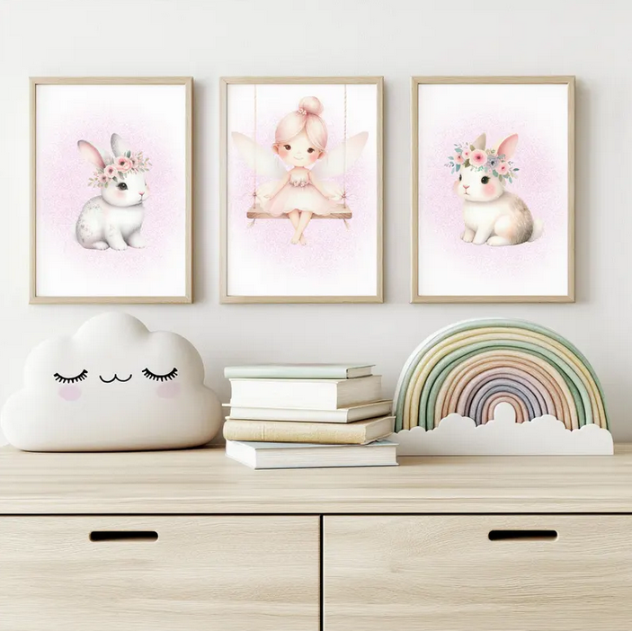 Kinderzimmer Poster DIN A4 Mädchen – 3er Set Elfen & Hasen