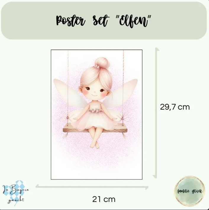 Kinderzimmer Poster DIN A4 Mädchen – 3er Set Elfen & Hasen