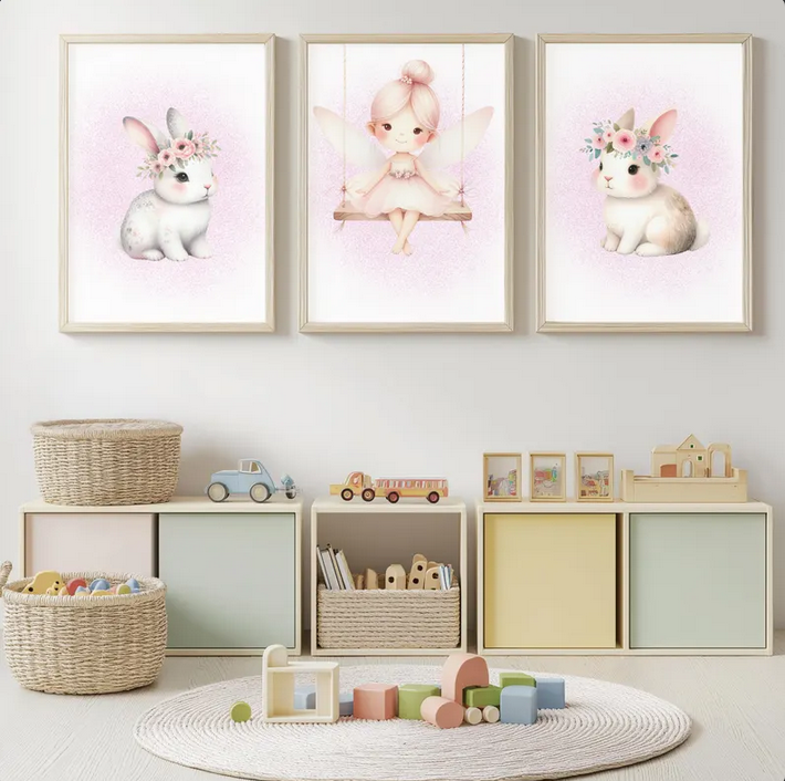 Kinderzimmer Poster DIN A4 Mädchen – 3er Set Elfen & Hasen