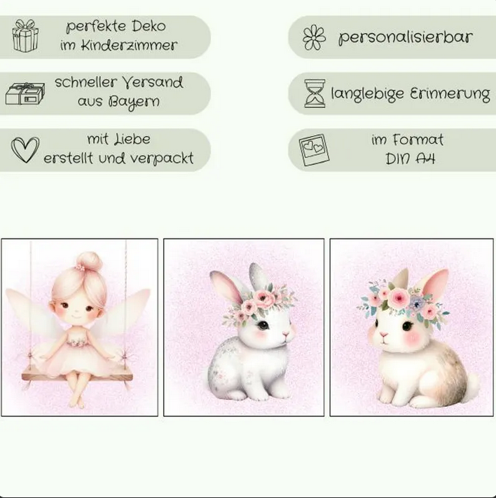 Kinderzimmer Poster DIN A4 Mädchen – 3er Set Elfen & Hasen