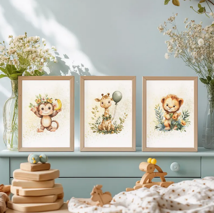 Kinderzimmer Poster DIN A4 – 3er Set Safaritiere