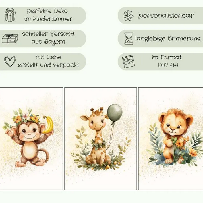 Kinderzimmer Poster DIN A4 – 3er Set Safaritiere