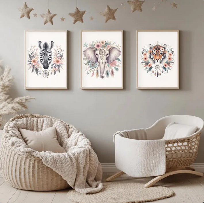 Kinderzimmer Poster DIN A4 – 3er Set Boho Dschungeltiere
