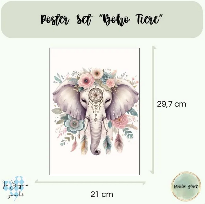 Kinderzimmer Poster DIN A4 – 3er Set Boho Dschungeltiere