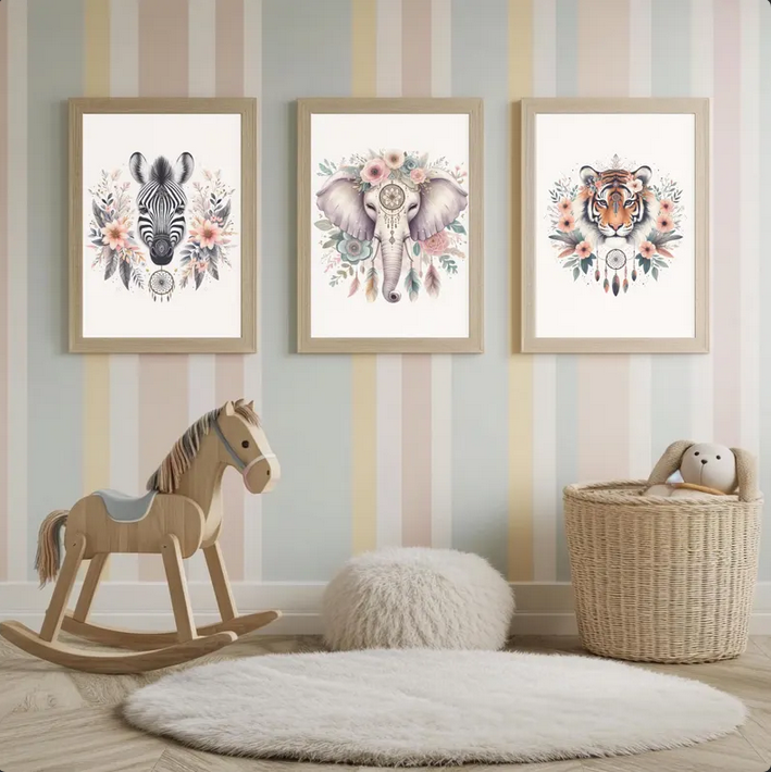 Kinderzimmer Poster DIN A4 – 3er Set Boho Dschungeltiere