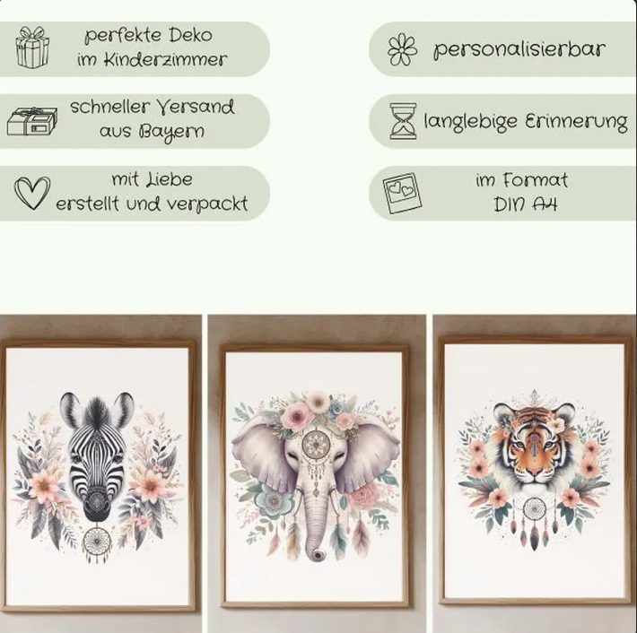 Kinderzimmer Poster DIN A4 – 3er Set Boho Dschungeltiere