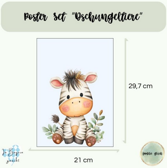Kinderzimmer Poster DIN A4 – 3er Set Dschungeltiere