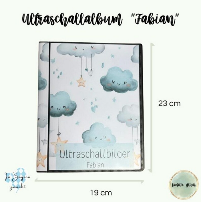 Außenmaße des Ultraschallalbums „Fabian“: 23cm hoch und 19cm breit