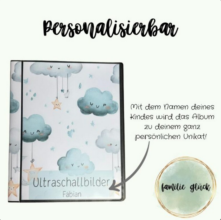 Personalisiertes Deckblatt des Ultraschallalbums mit Aquarell-Wolkendesign und dem Namen Fabian
