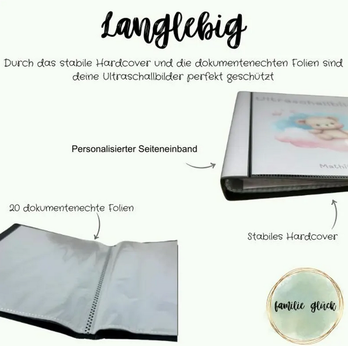 Details zum langlebigen Ultraschallalbum im Design "Mathilda" mit rosa Einband und Teddybär