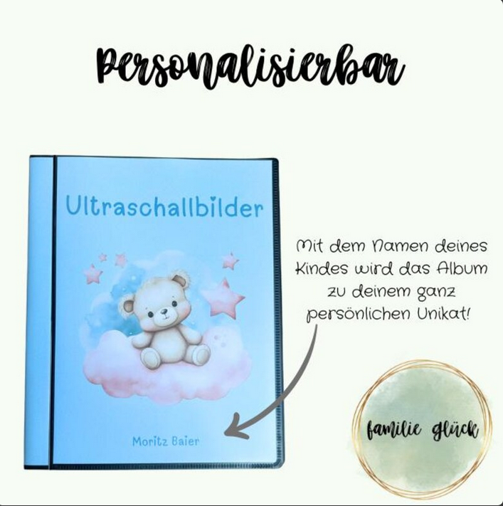 Personalisiertes Deckblatt des Ultraschallalbums mit Aquarell- blauer Teddybär und dem Namen Moritz