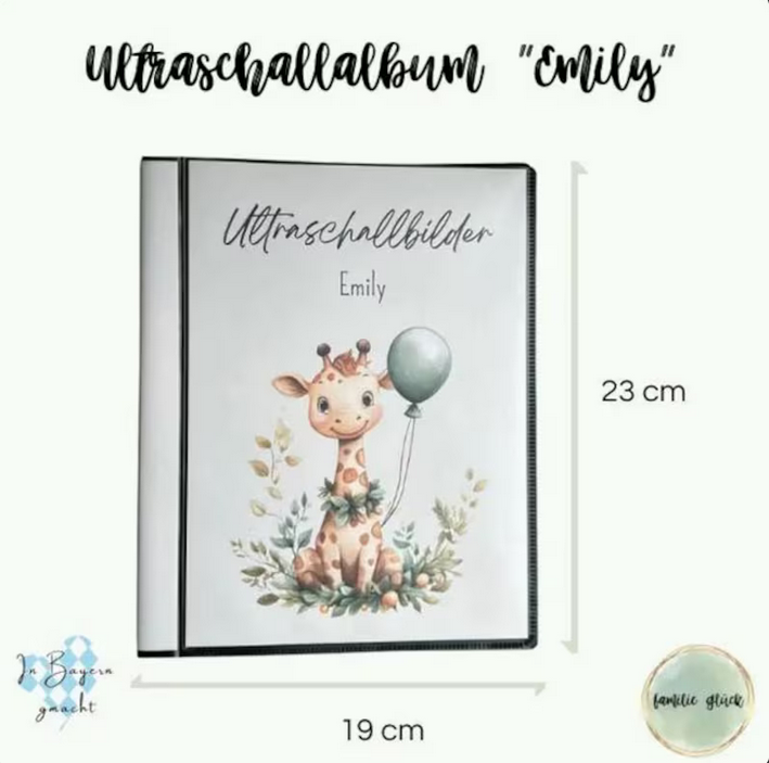 Außenmaße des Ultraschallalbums „Emily“: 23cm hoch und 19cm breit