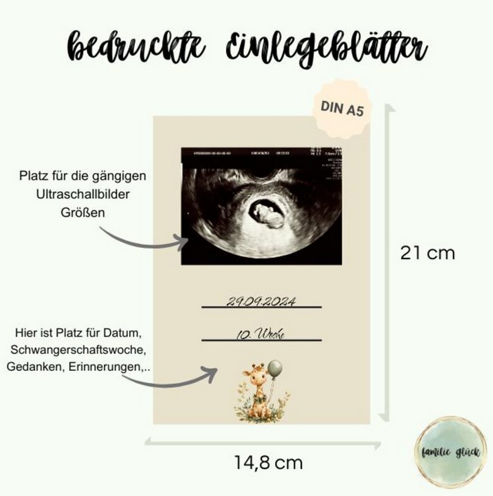 Innenmaße des Ultraschallalbums „Emily": 21cm hoch und 14,8cm breit