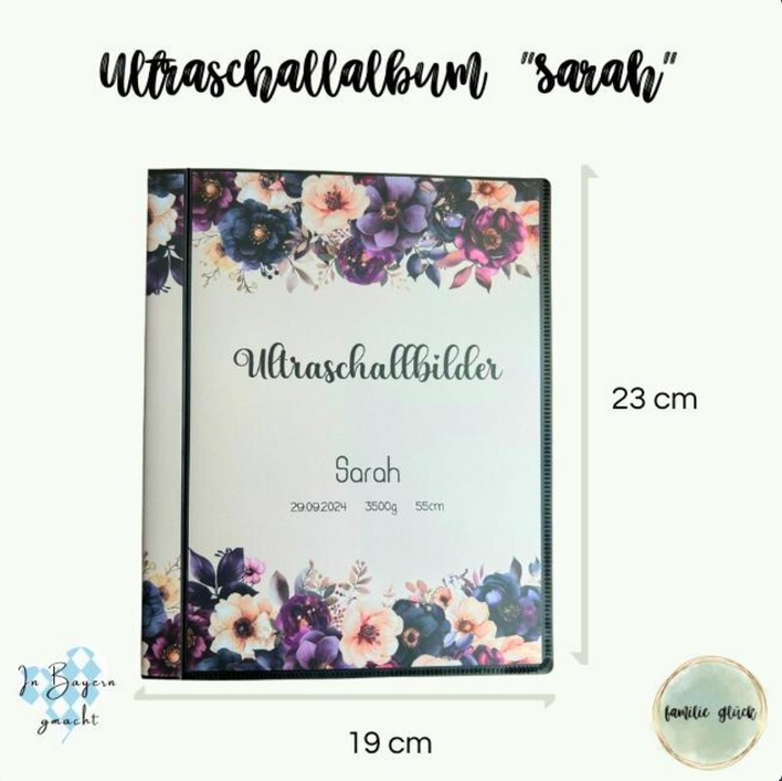 Außenmaße des Ultraschallalbums „Sarah“: 23cm hoch und 19cm breit