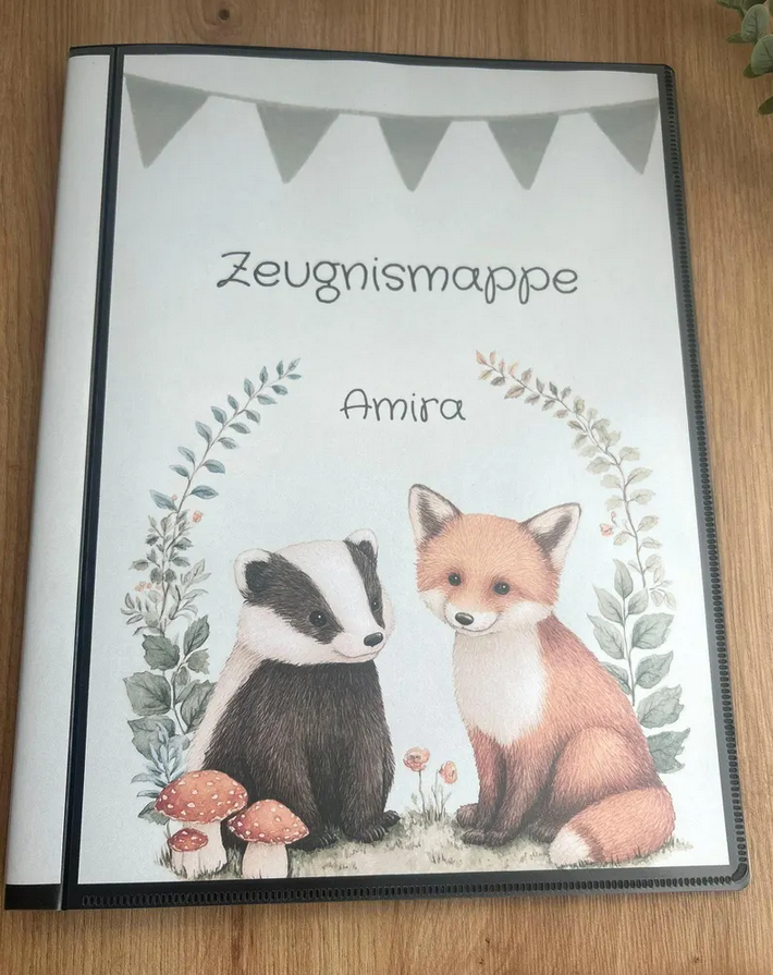 Personalisierte Zeugnismappe Waldtiere mit Fuchs und Dachs – mit Name des Kindes, Hardcover