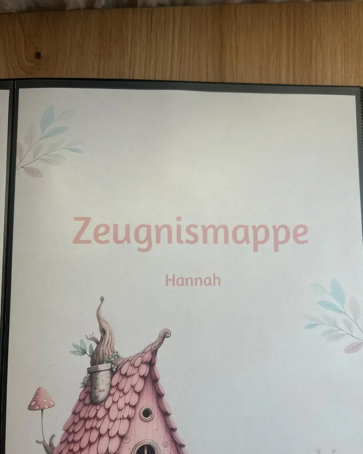 Zeugnismappe Hannah personalisiert – Feenhaus-Design, Innenansicht mit dokumentenechten Folien