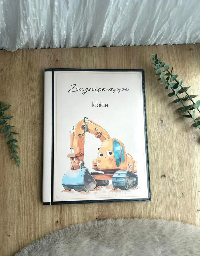 Personalisierbare Zeugnismappe mit Bagger – Deckblatt mit Name des Kindes, einzigartiges Geschenk zur Einschulung