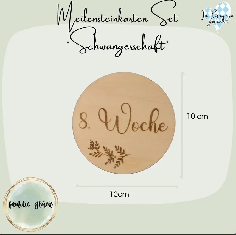 Meilensteinkarten Schwangerschaft Basisset – 14 Holzkarten aus Lindenholz, beidseitig lasergraviert