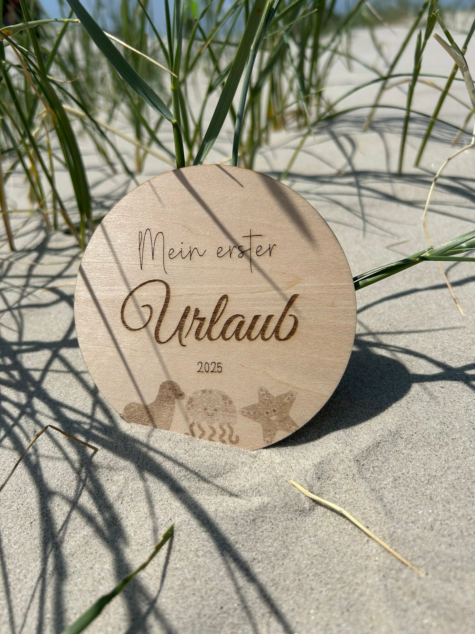 Holzscheibe Mein erster Urlaub 2026 Nahaufnahme Robbe Krabbe Seestern Gravur