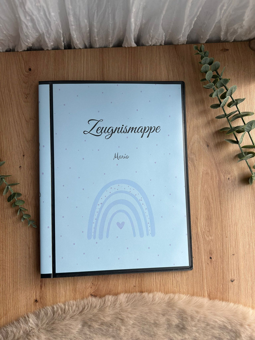 Hardcover Zeugnismappe personalisiert mit blauem Regenbogen