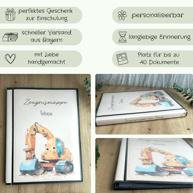 Personalisierte Zeugnismappe zur Einschulung – handgemacht in Bayern, Platz für 40 Dokumente, personalisierbar mit Kindername