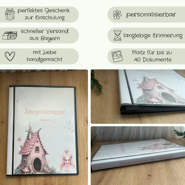 Personalisierte Zeugnismappe Feenhaus – Geschenk zur Einschulung, handgemacht in Bayern, Platz für 40 Dokumente