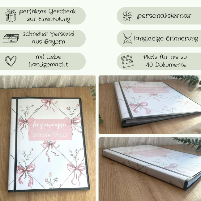 Personalisierte Zeugnismappe Simone – Hardcover mit rosa Schleifchen Design, handgemacht in Bayern