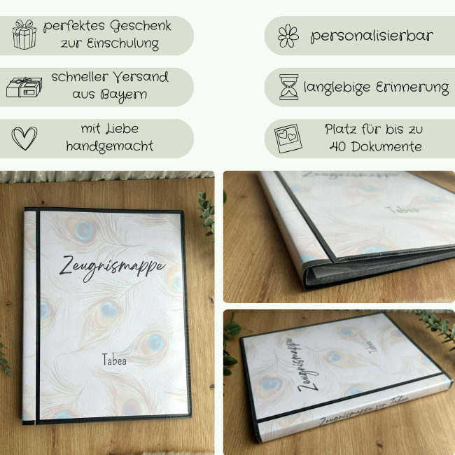 Personalisierte Zeugnismappe Tabea – Pfauenfeder-Design, Hardcover mit Name des Kindes, handgemacht in Bayern