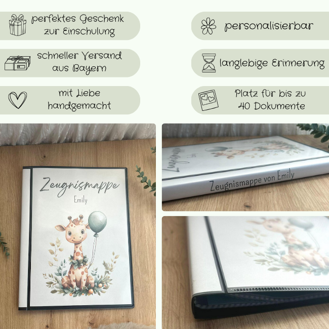 Personalisierte Zeugnismappe Giraffe – Geschenk zur Einschulung, handgemacht, Platz für 40 Dokumente