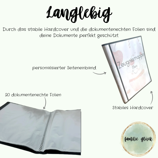 Zeugnismappe Mara Hardcover langlebig 20 dokumentenechte Folien Infografik