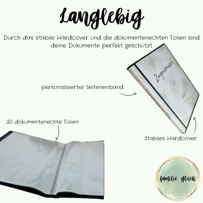Langlebige Zeugnismappe Tabea – 20 dokumentenechte Folien, personalisierter Seiteneinband, stabiles Hardcover