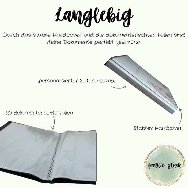 Langlebige Zeugnismappe Hannah – 20 dokumentenechte Folien, personalisierter Seiteneinband, stabiles Hardcover