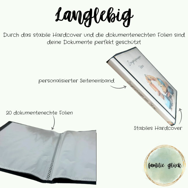 Zeugnismappe mit 20 dokumentenechten Folien und stabilem Hardcover – personalisierter Seiteneinband mit Bagger-Motiv