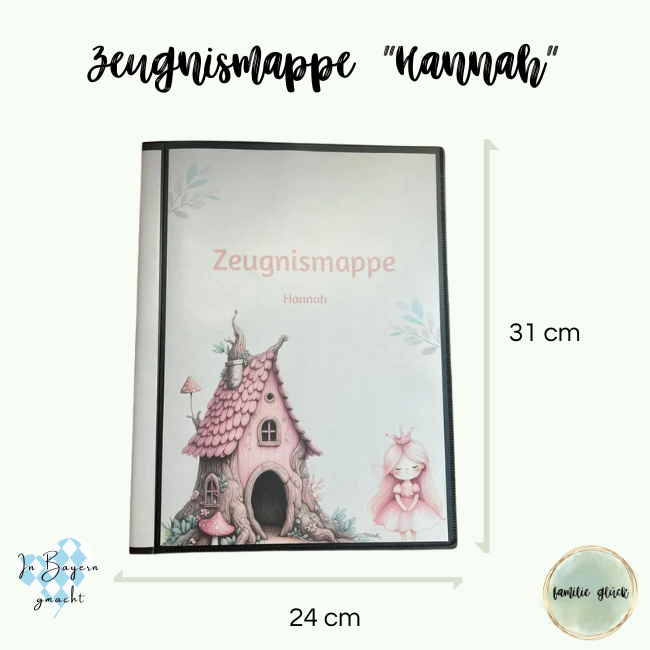 Zeugnismappe Hannah Maße 24x31 cm – Feenhaus mit Prinzessin, personalisierter Hardcover von FamilieGlück