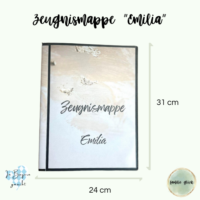 Personalisierte Zeugnismappe Emilia mit Maßen 24x31 cm – schlichtes Hardcover mit Name des Kindes
