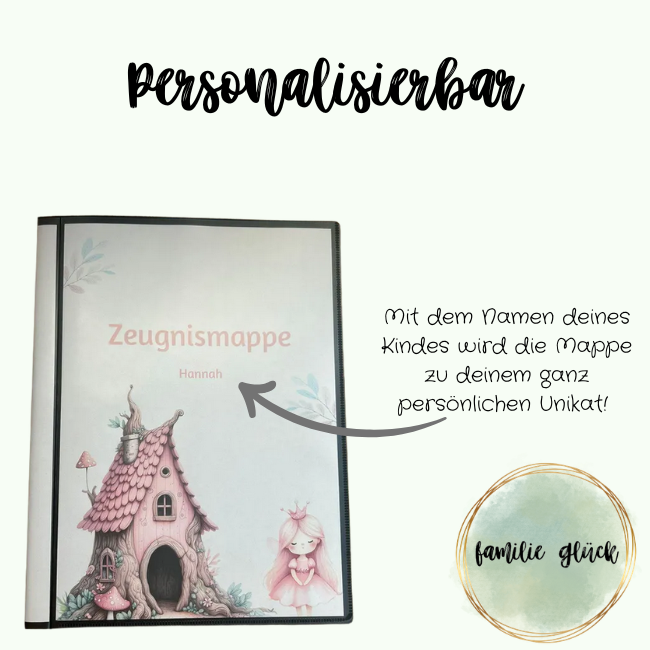 Personalisierbare Zeugnismappe Hannah – mit dem Namen deines Kindes, magisches Feenhaus-Design