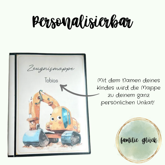 Personalisierbare Zeugnismappe mit Bagger – Deckblatt mit Name des Kindes, einzigartiges Geschenk zur Einschulung