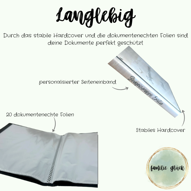 Zeugnismappe personalisiert Emilia-Design – Innenansicht mit dokumentenechten Folien