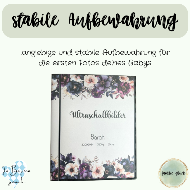 Personalisiertes Deckblatt des Ultraschallalbums mit Aquarell Blumen und dem Namen Sarah