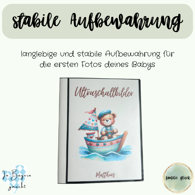 Die Stabilität des langlebigen Ultraschallalbums mit der Aufschrift Ultraschallbilder und dem Teddybären wird hervorgehoben