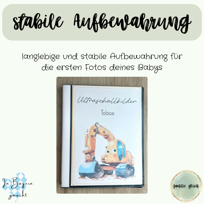 Die Stabilität des langlebigen Ultraschallalbums mit der Aufschrift Ultraschallbilder und dem Bagger wird hervorgehoben