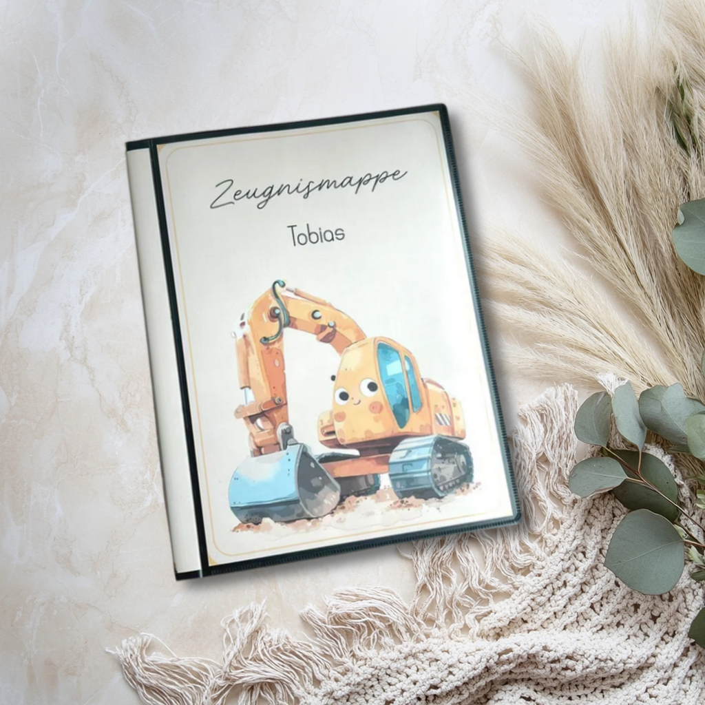 Personalisierte Zeugnismappe mit Bagger-Motiv – dokumentenechter Schutz, stabiles Hardcover, zeitloses Design, langlebige Begleitung